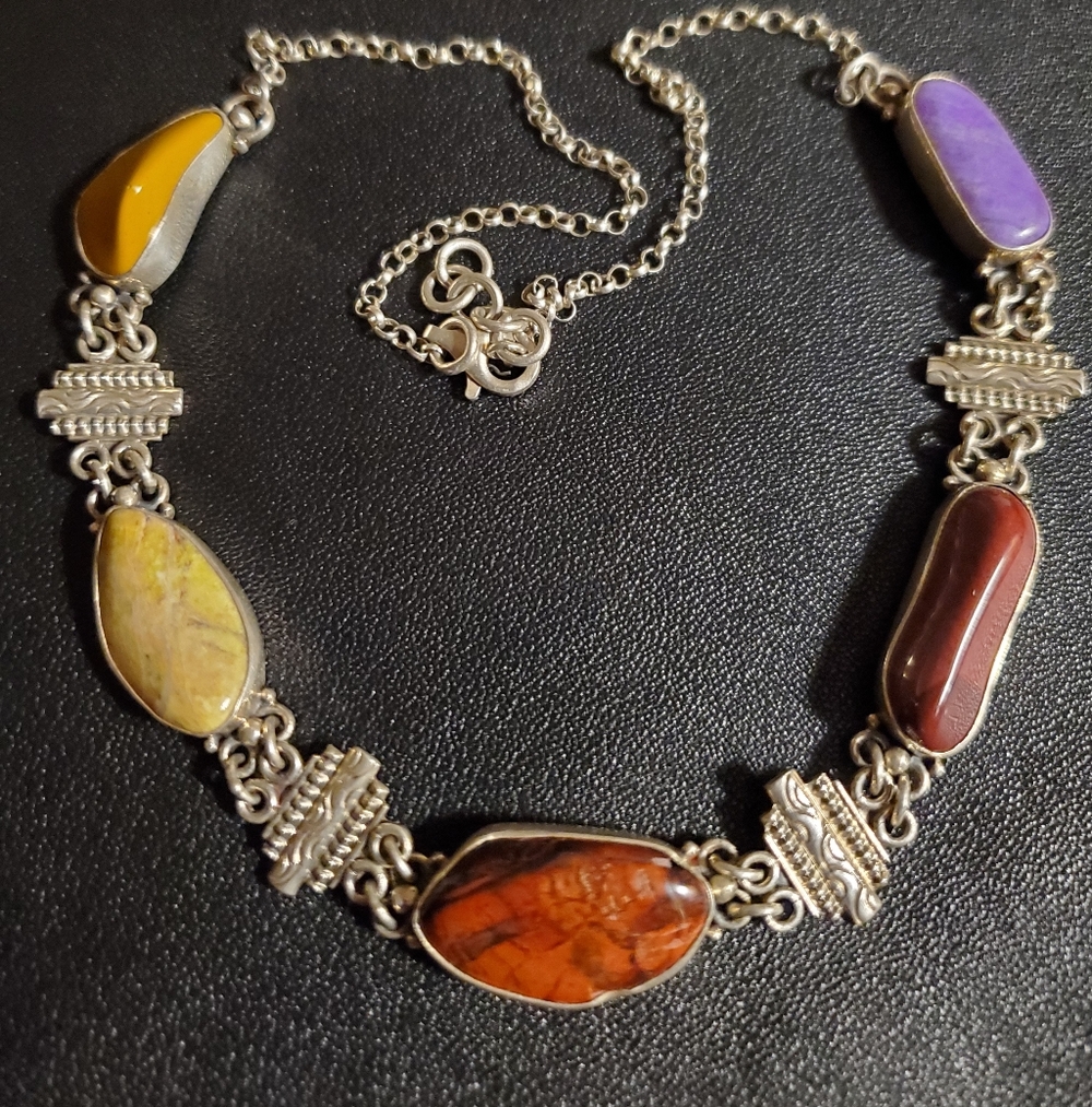 Vintage Sterling Silver Necklace  Natural Stones 26.7 Grams